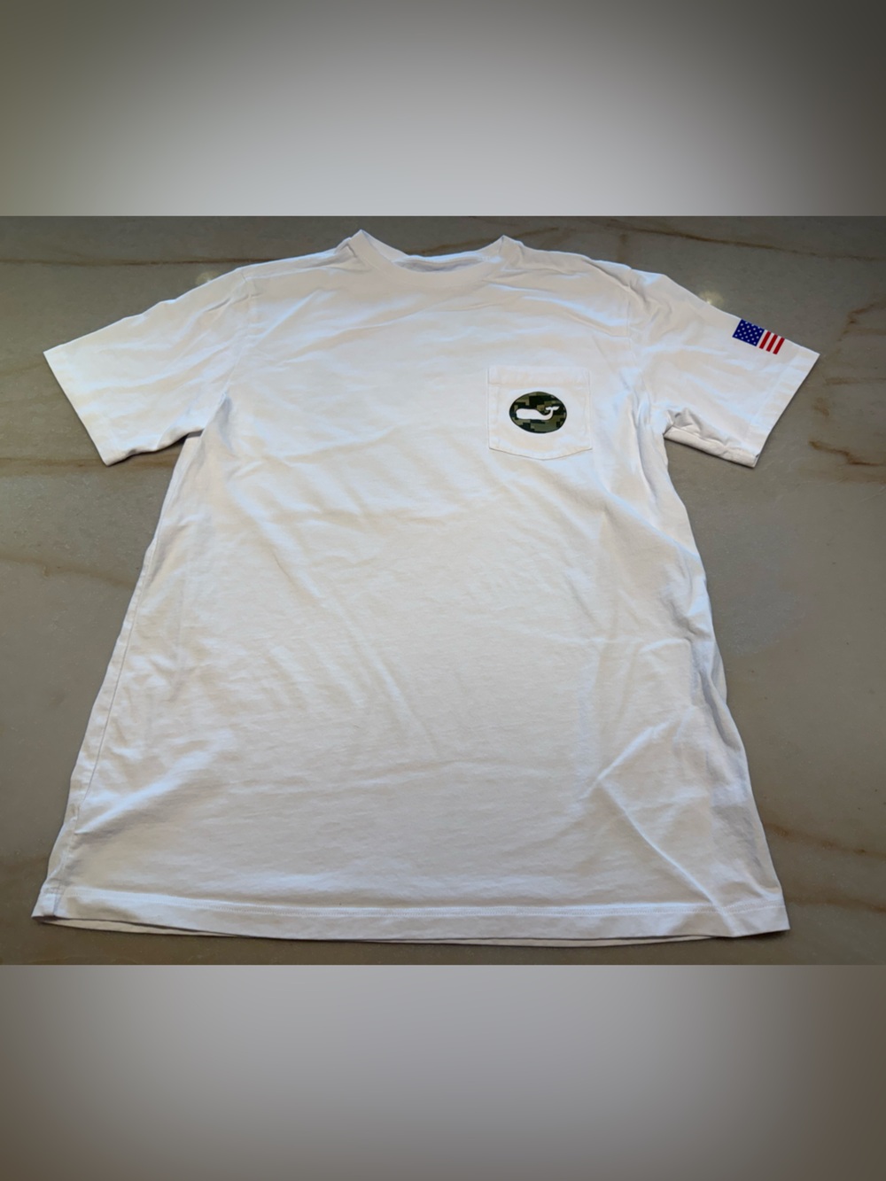 White Pocket Tee with Camo Logo and Flag Sleeve